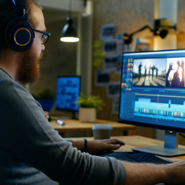 man editing video