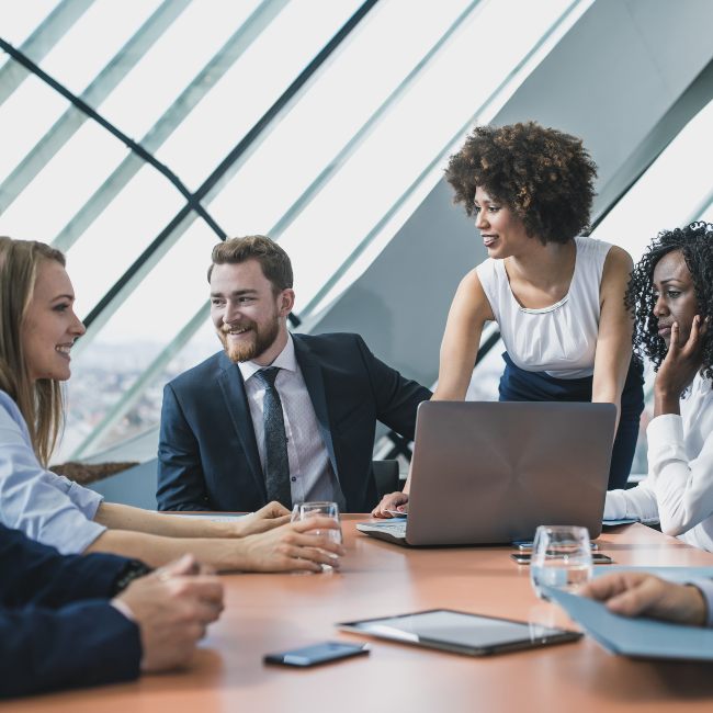 group of banking and finance executives in a conference room